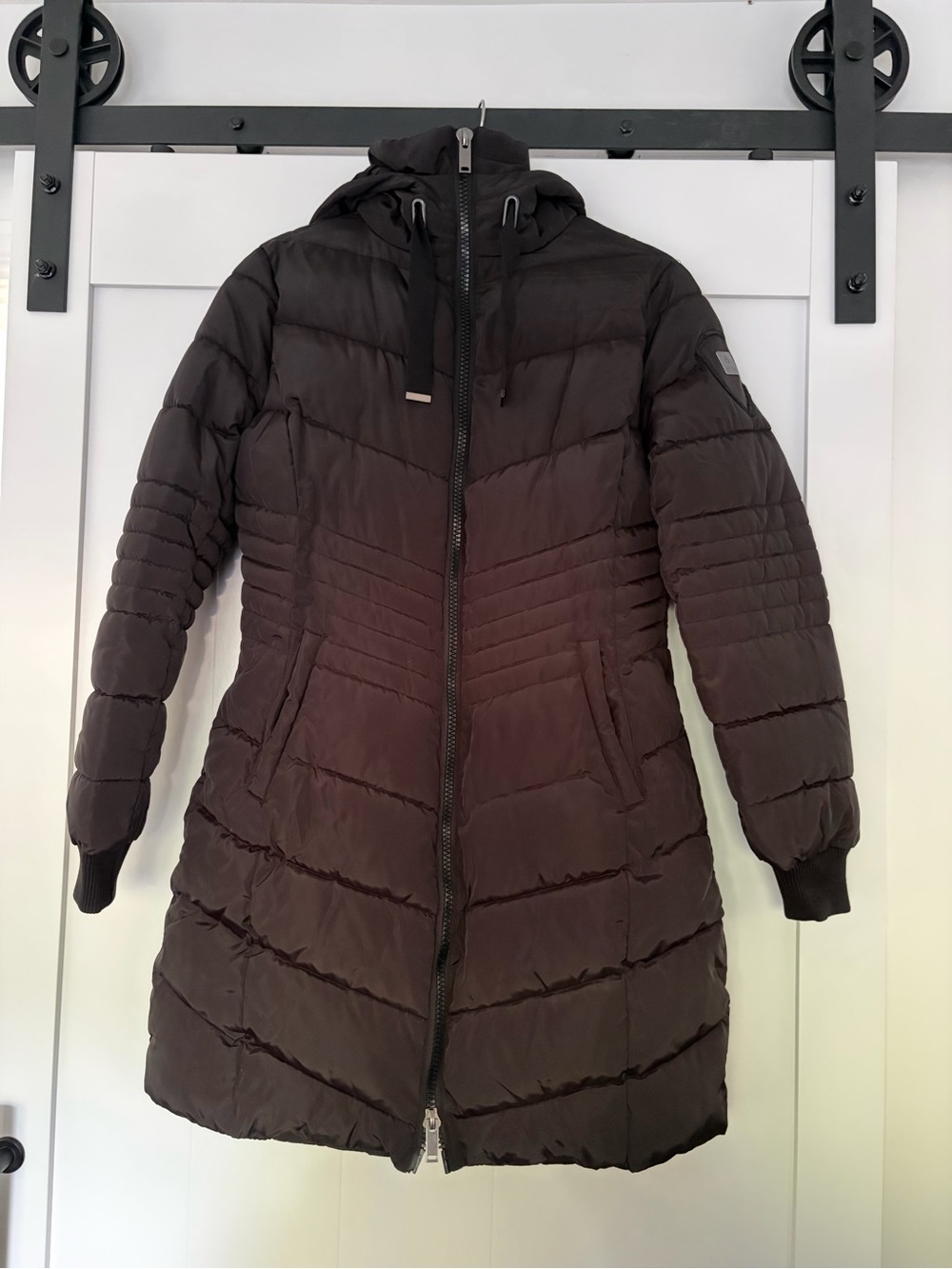 Suzy Shier Black Long Hooded Puffer Coat